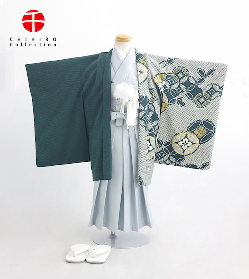 七宝に金/片身変わり（グリーン）七五三／三歳・五歳用